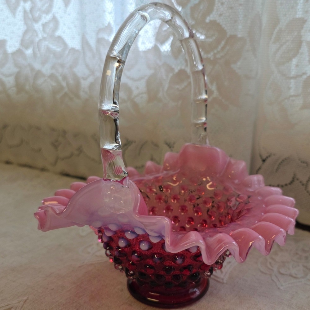 Fenton Hobnail Glass Basket 7.5" Cranberry Pink Opalescent Ruffled Art Glass